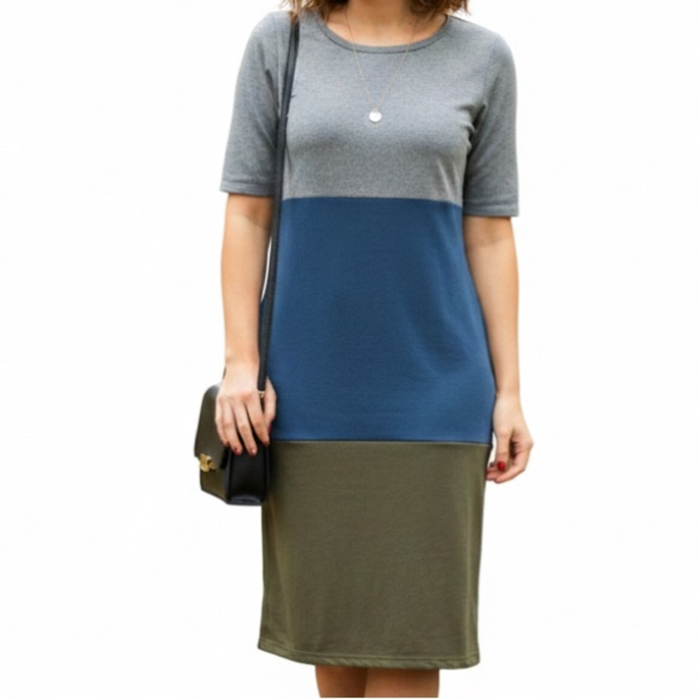 LuLaRoe Julia Colorblock‎ Dress Gray Blue Olive Green Size Small Knit NWT